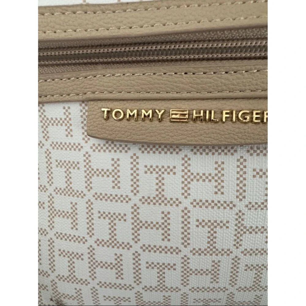 Tommy Hilfiger Beige Monogram Laptop Crossbody Bag